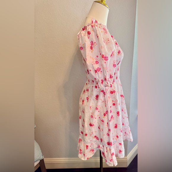 LOVESHACKFANCY Cosette White Cotton & Hot Pink Floral Smocked Ruffle Mini Dress